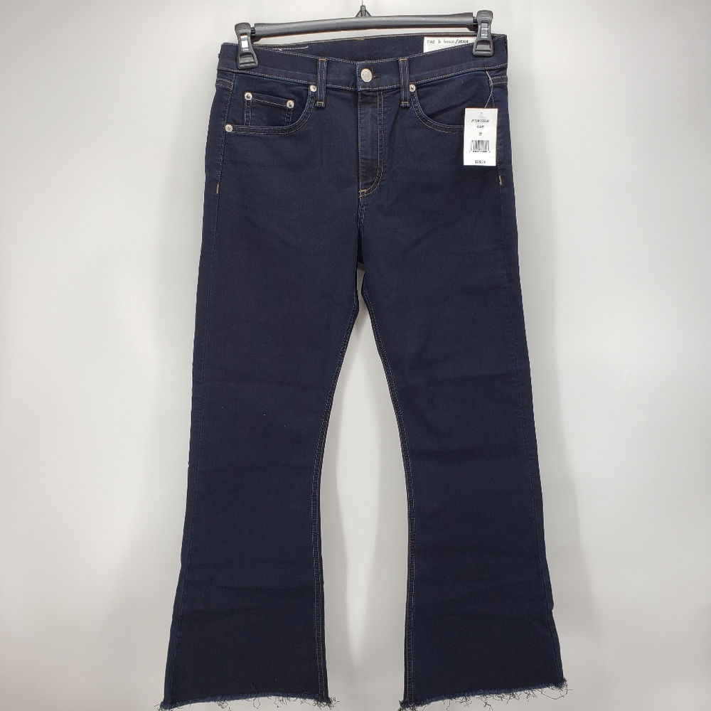 Rag & Bone Mid-Rise Women's Cropped Raw Hem Dark Wash 10in Flare Size 28 - Picture 2 of 7